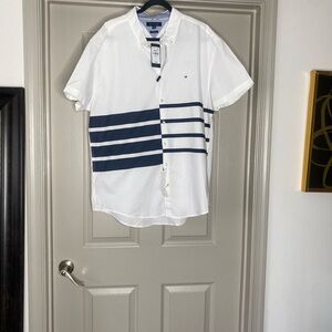 TOMMY HILFIGER Men White Button Up Shirt with Stripes Casual Nautical Sz 3XL